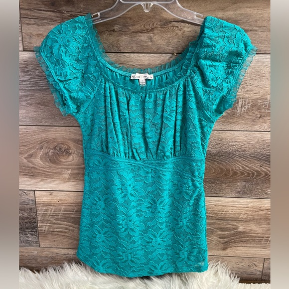 Moa Moa Ladies Short Sleeve Lace Top, Size Large , Teal - Picture 2 of 6